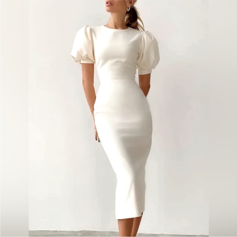 White Puff-Sleeve Midi Dress